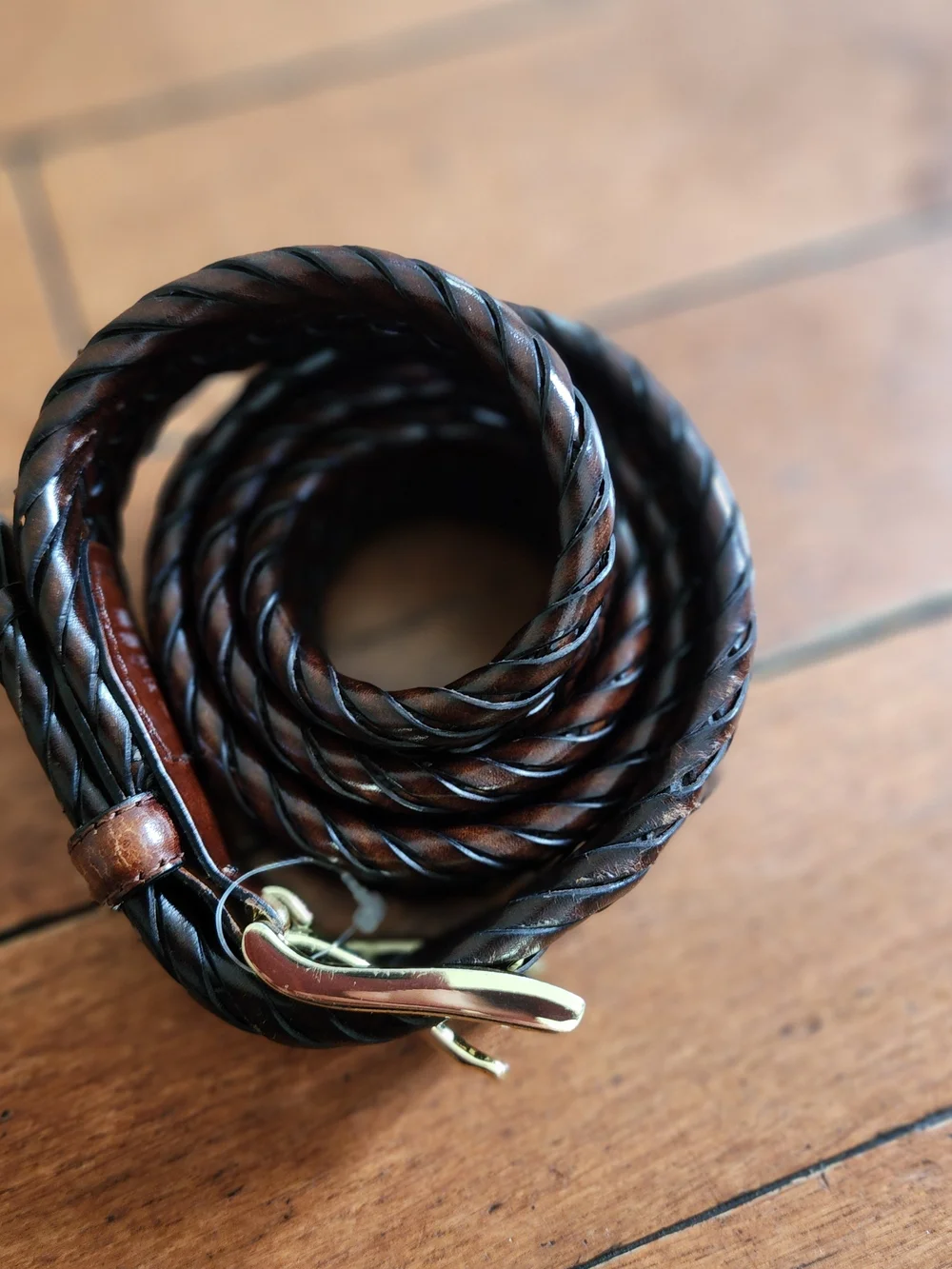 AJA Braided Belt Men Size 38/95 Brown Bonded Leather Gold Tone Hardware Classic